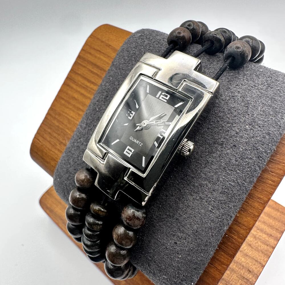 Brown Wood Bead Bracelet Quartz Watch Black Dial